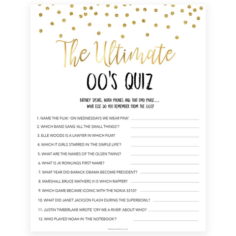 ultimate 00s quiz game, Printable bachelorette games, gold glitter bachelorette, friends hen party games, fun hen party games, bachelorette game ideas, gold glitter adult party games, naughty hen games, naughty bachelorette games