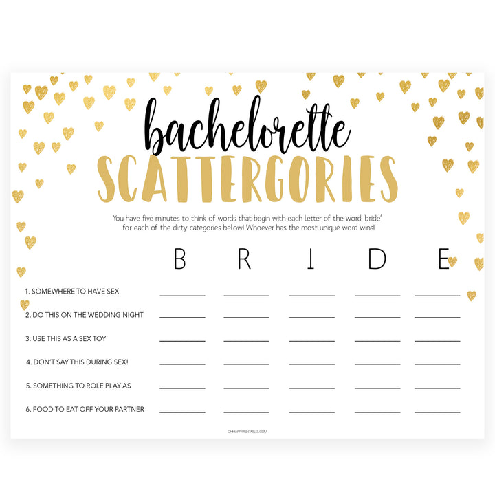 Gold hearts bachelorette games, dirty scattergories game, printable bachelorette games, hen party games, top party games, fun bridal shower games, bachelorette party games