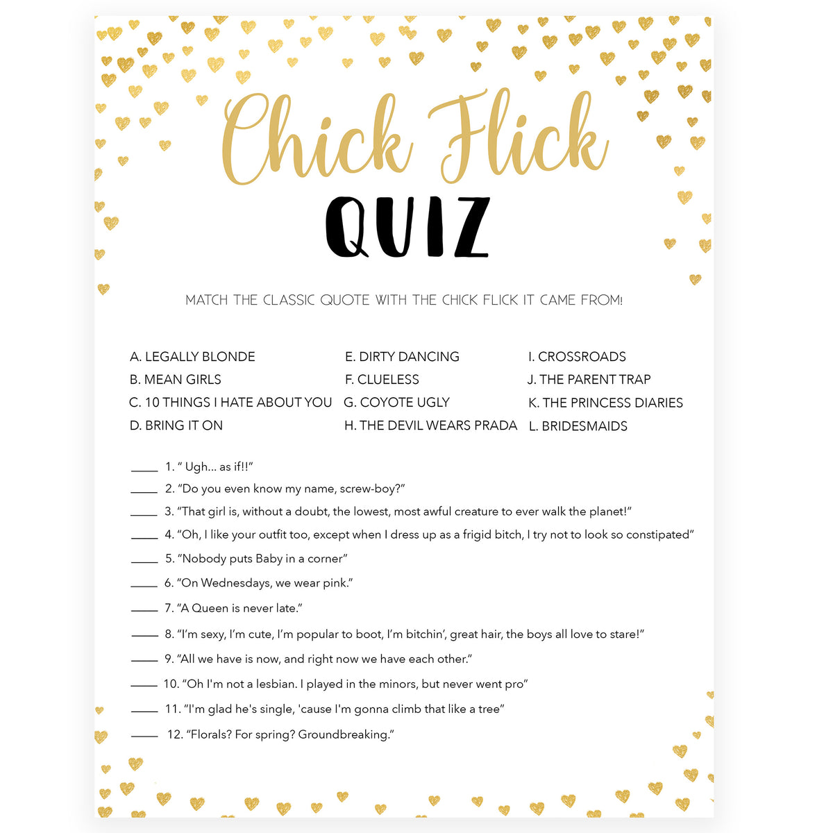Gold hearts bachelorette games, chick flick quiz game, printable bachelorette games, hen party games, top party games, fun bridal shower games, bachelorette party games
