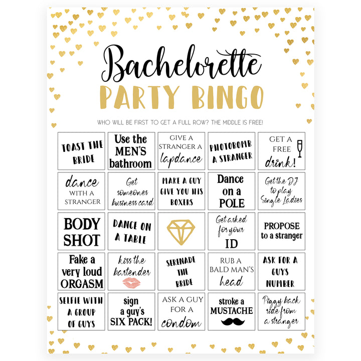 Gold hearts bachelorette games, bachelorette party bingo game, printable bachelorette games, hen party games, top party games, fun bridal shower games, bachelorette party games