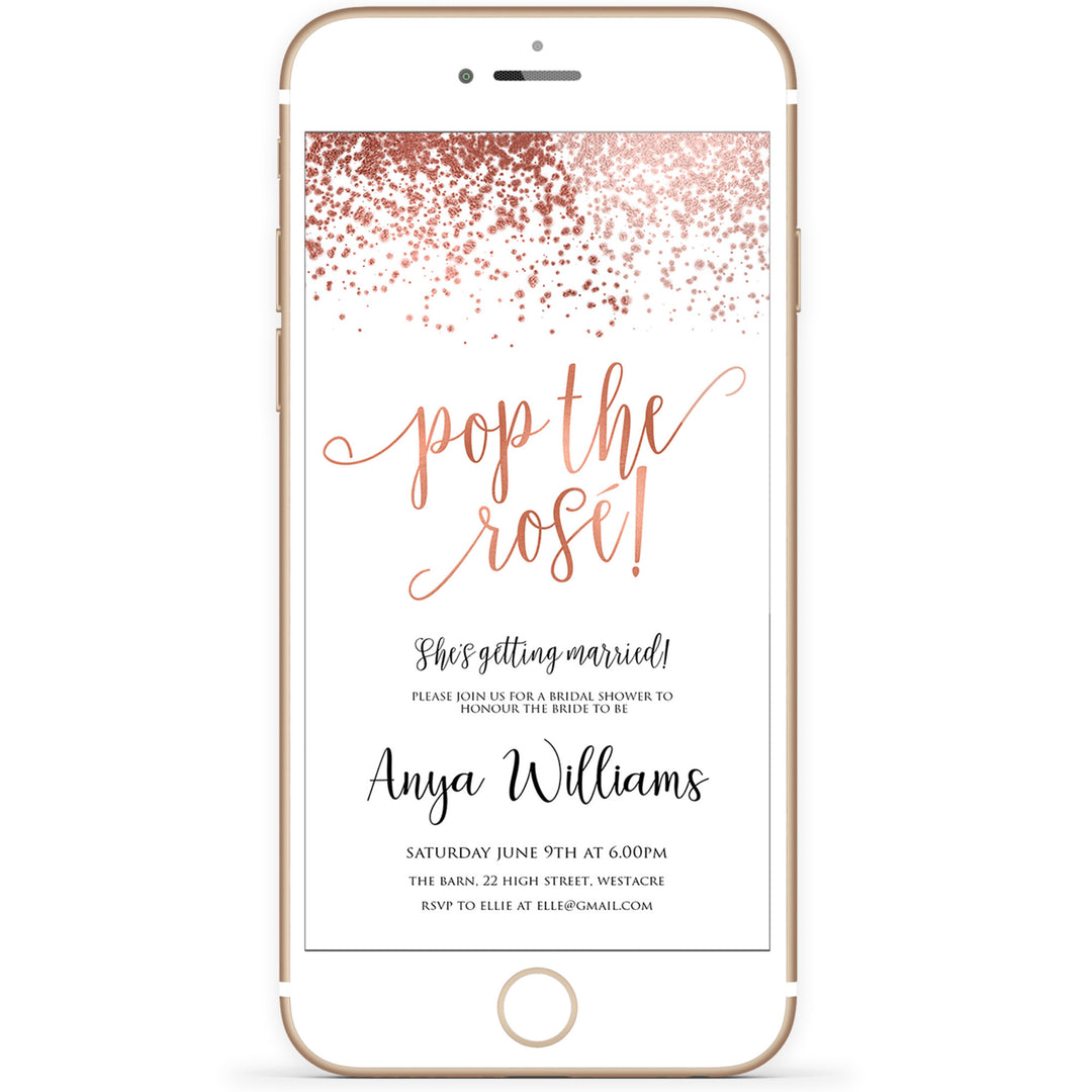 pop the rose bridal shower invite, editable bridal shower invite, rose gold bridal shower invite, bridal invite