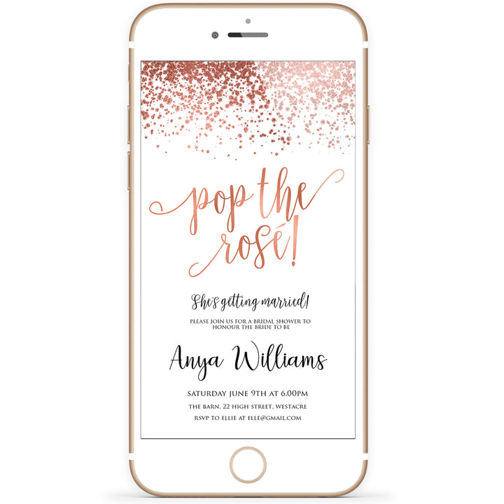 pop the rose bridal shower invite, editable bridal shower invite, rose gold bridal shower invite, bridal invite