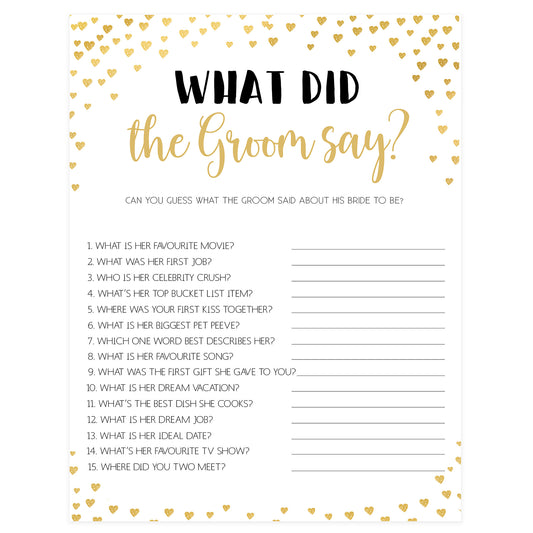 Gold hearts bridal shower games, what did the groom say, printable bridal games, gold bridal games, gold hearts bridal games, fun bridal games, top bridal games, best bridal games