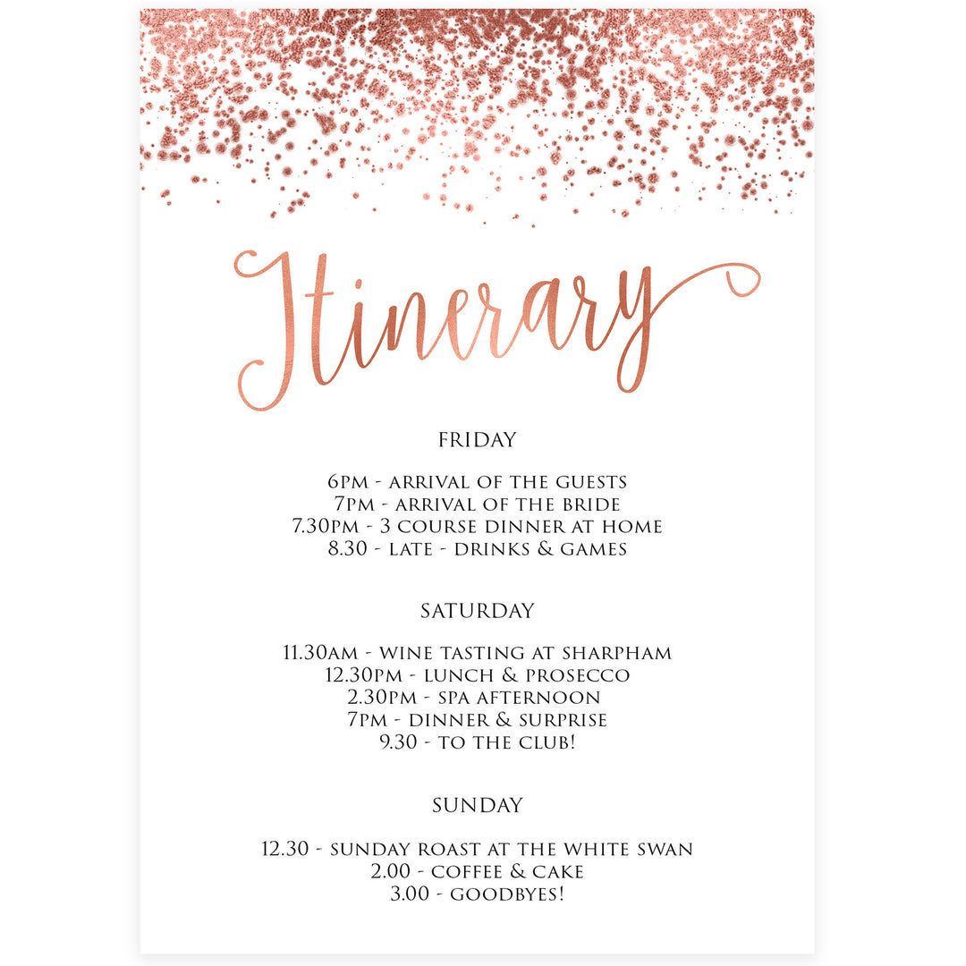 Editable Bridal & Bachelorette Itinerary - Rose Gold Foil