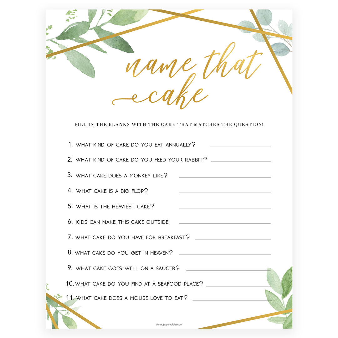 name the wedding cake game, printable bridal shower games, gold bridal shower games, floral bridal shower games, bridal shower game ideas