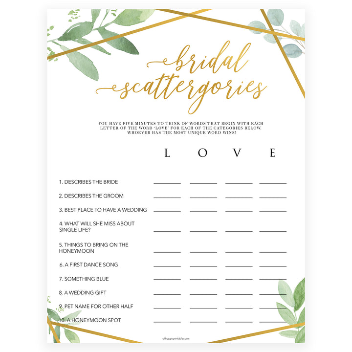 Bridal Scattergories - Gold Greenery