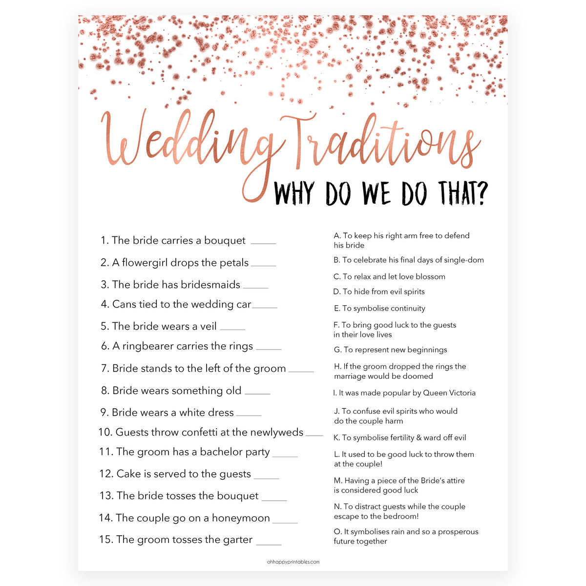 Wedding Traditions Trivia Game - Rose Gold Foil