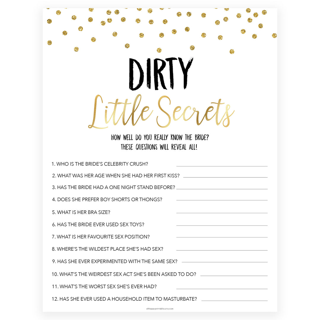 dirty little secrets bridal game, Printable bachelorette games, gold glitter bachelorette, friends hen party games, fun hen party games, bachelorette game ideas, gold glitter adult party games, naughty hen games, naughty bachelorette games