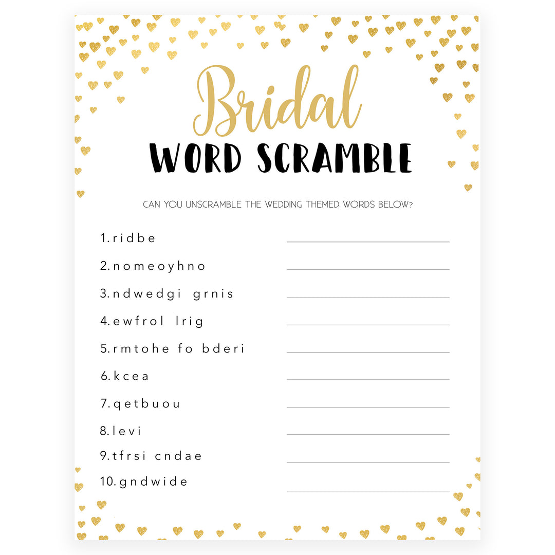 Gold hearts bridal shower games, bridal word scramble, printable bridal games, gold bridal games, gold hearts bridal games, fun bridal games, top bridal games, best bridal games