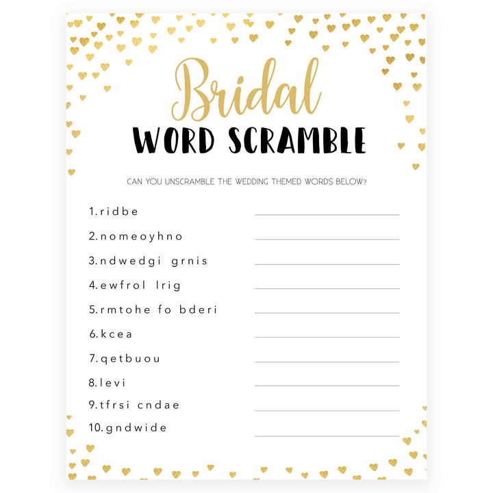 Gold hearts bridal shower games, bridal word scramble, printable bridal games, gold bridal games, gold hearts bridal games, fun bridal games, top bridal games, best bridal games