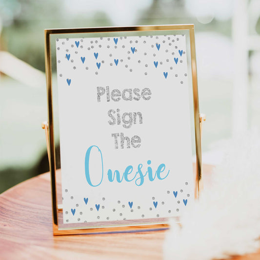 sign the onesie game, sign the onesie, Printable baby shower games, small blue hearts fun baby games, baby shower games, fun baby shower ideas, top baby shower ideas, silver baby shower, blue hearts baby shower ideas