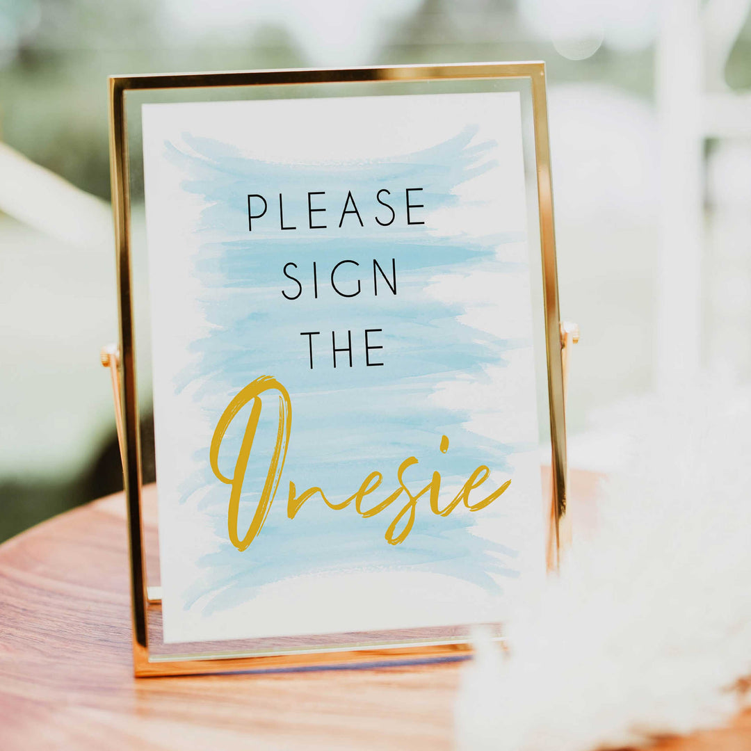 sign the onesie baby game, printable baby games, blue baby shower games, fun baby games