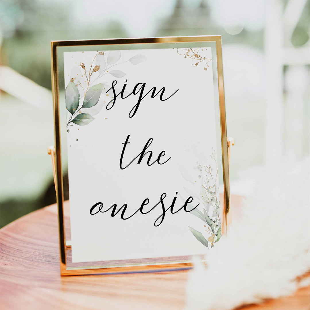 Gold green leaf baby signs, sign the onesie, printable baby shower decor, fun baby signs, top baby games to play, gold leaf baby shower decor, greenery baby shower ideas