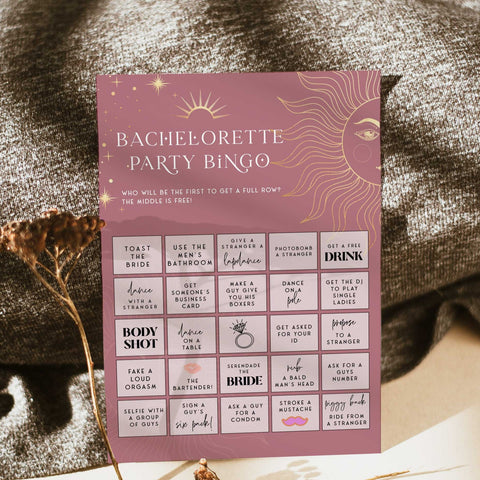 Fully editable and printable bachelorette bingo game with a celestial design. Perfect for a celestial bridal shower themed party