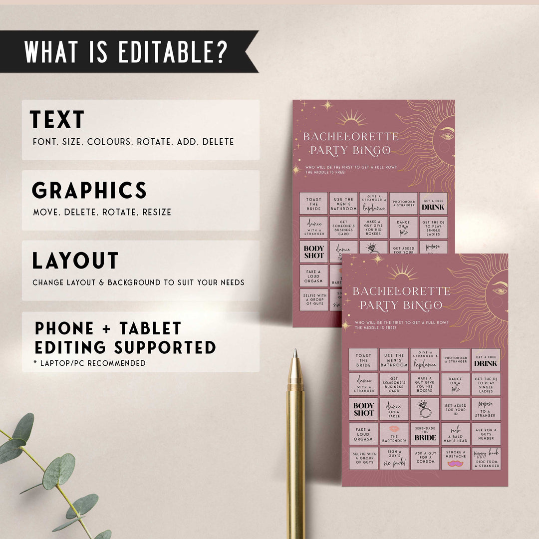 Fully editable and printable bachelorette bingo game with a celestial design. Perfect for a celestial bridal shower themed party