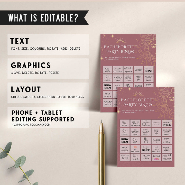 Fully editable and printable bachelorette bingo game with a celestial design. Perfect for a celestial bridal shower themed party