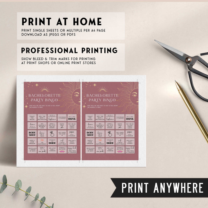 Fully editable and printable bachelorette bingo game with a celestial design. Perfect for a celestial bridal shower themed party