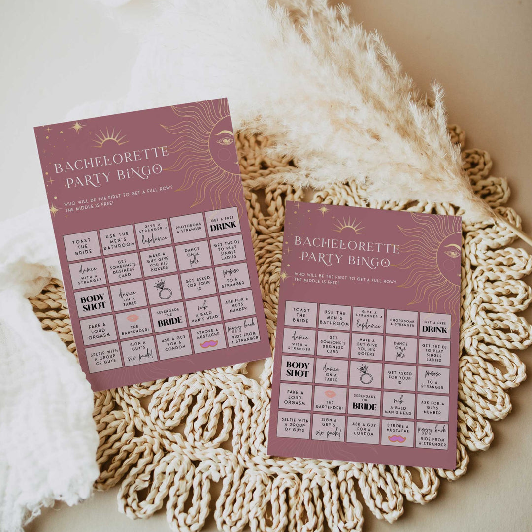 Fully editable and printable bachelorette bingo game with a celestial design. Perfect for a celestial bridal shower themed party