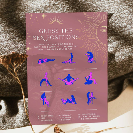 Fully editable and printable bridal shower guess the sex positions game with a celestial design. Perfect for a celestial bridal shower themed party
