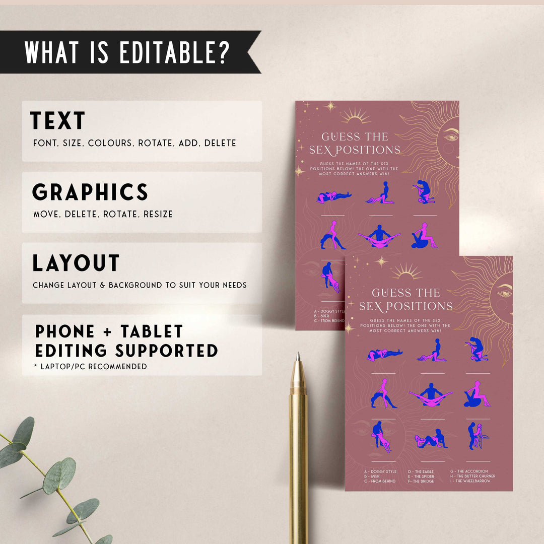 Fully editable and printable bridal shower guess the sex positions game with a celestial design. Perfect for a celestial bridal shower themed party