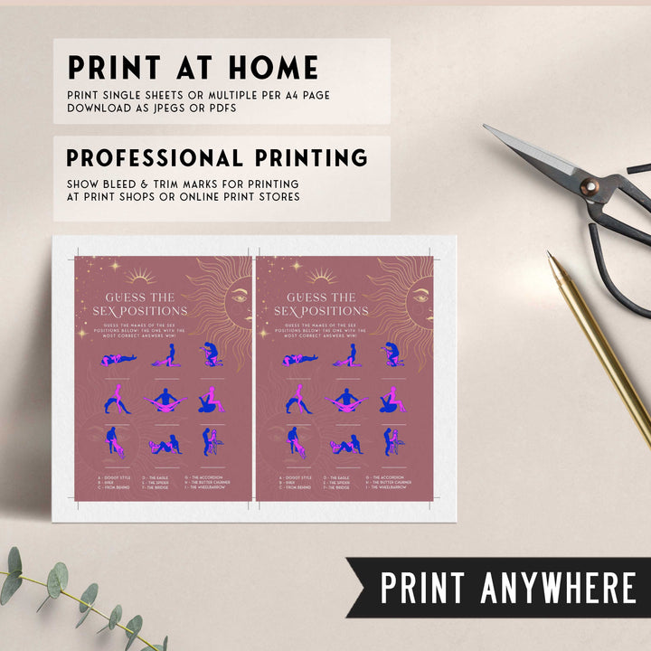 Fully editable and printable bridal shower guess the sex positions game with a celestial design. Perfect for a celestial bridal shower themed party