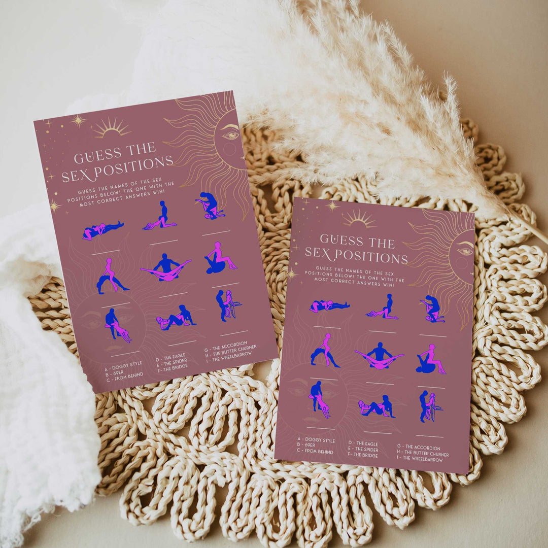 Fully editable and printable bridal shower guess the sex positions game with a celestial design. Perfect for a celestial bridal shower themed party