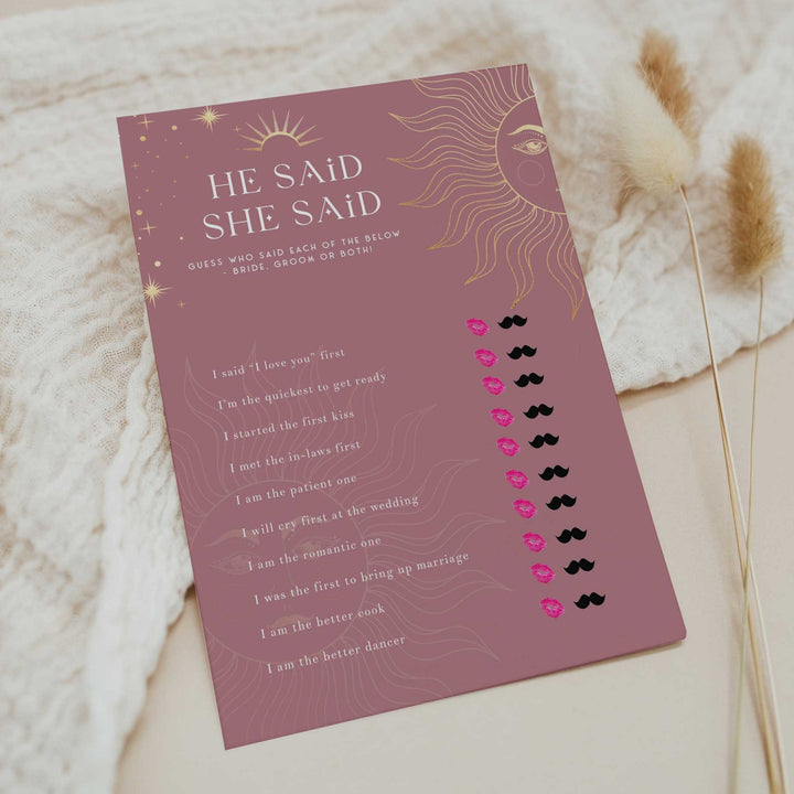 Fully editable and printable bridal shower he said she said game with a celestial design. Perfect for a celestial bridal shower themed party
