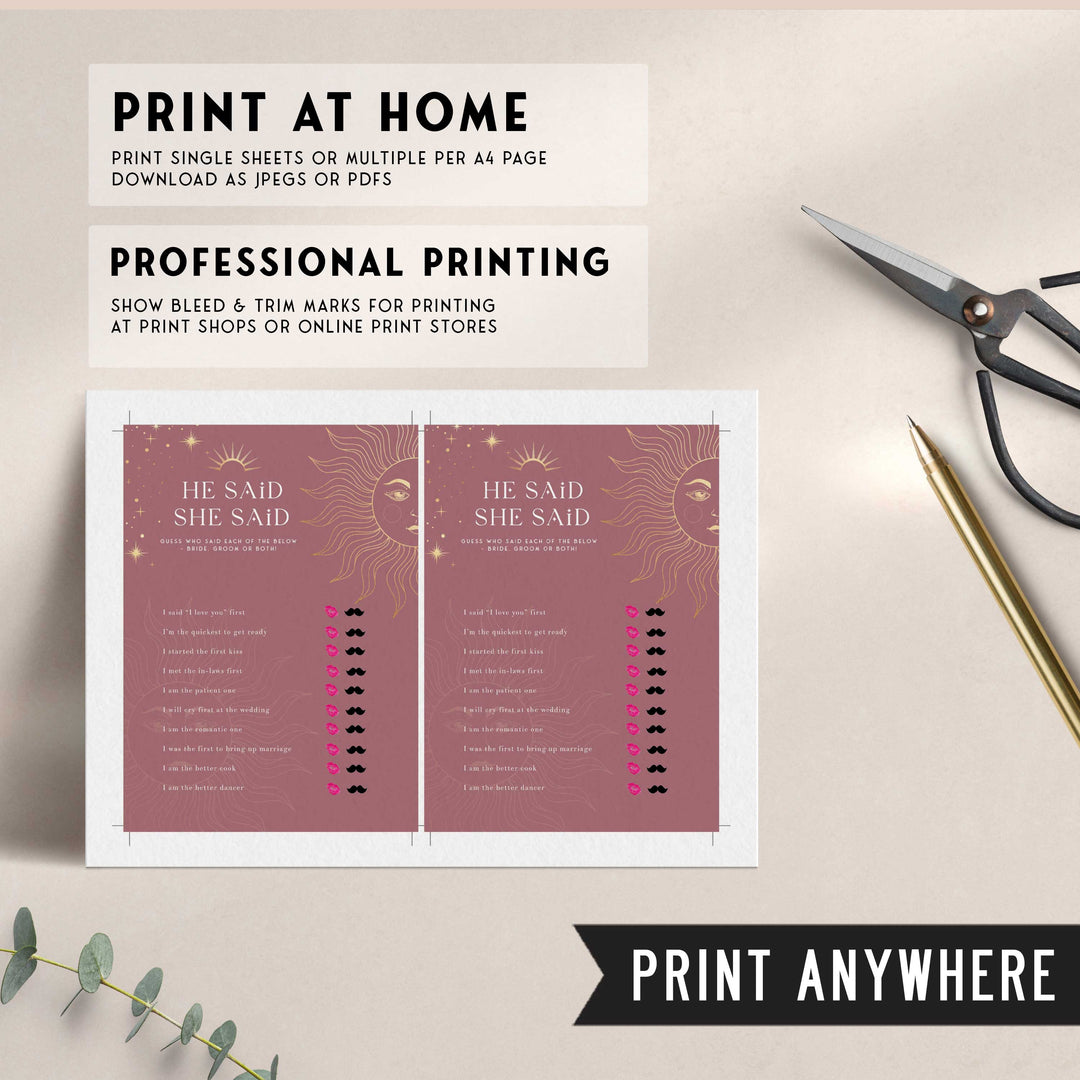 Fully editable and printable bridal shower he said she said game with a celestial design. Perfect for a celestial bridal shower themed party