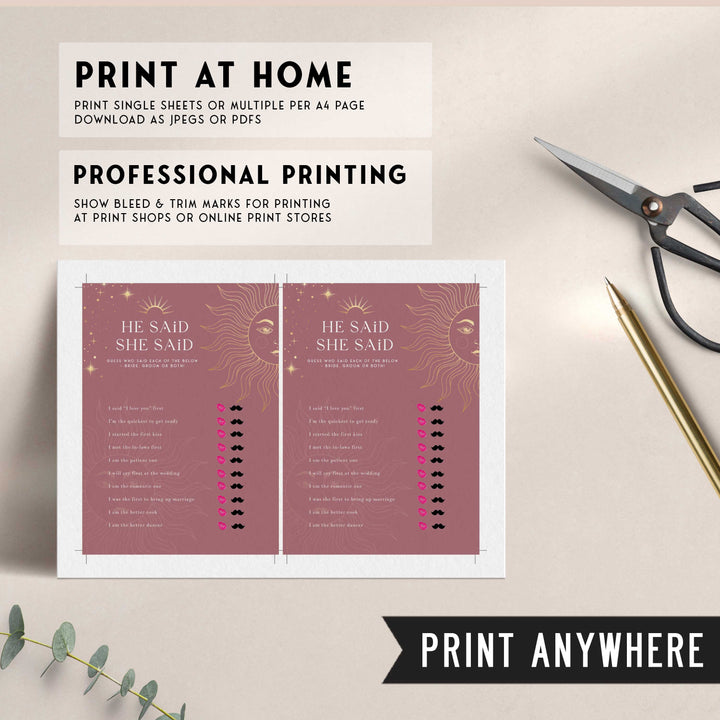 Fully editable and printable bridal shower he said she said game with a celestial design. Perfect for a celestial bridal shower themed party