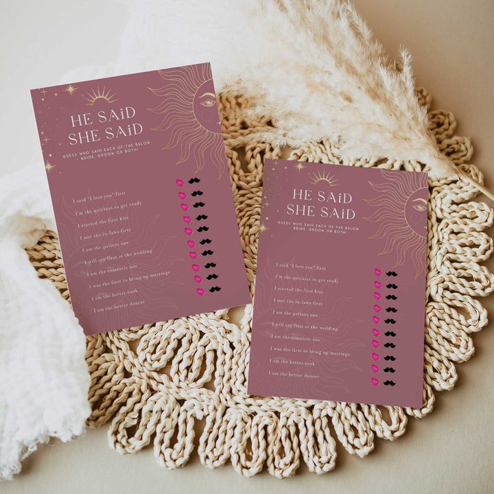 Fully editable and printable bridal shower he said she said game with a celestial design. Perfect for a celestial bridal shower themed party