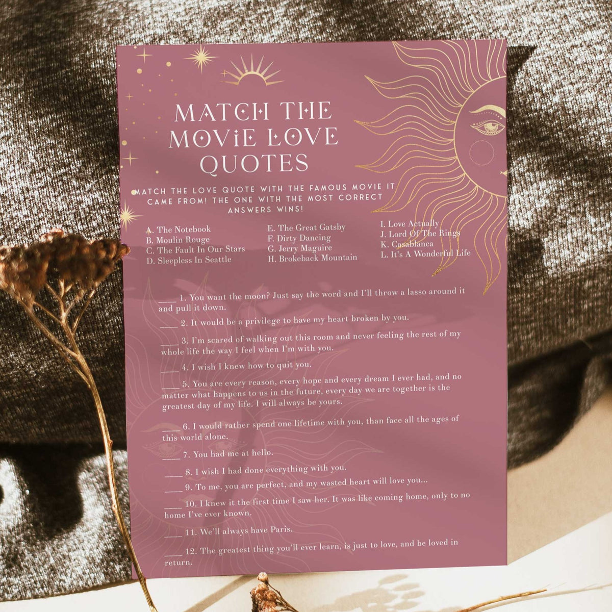 Fully editable and printable bridal shower match the movie love quotes game with a celestial design. Perfect for a celestial bridal shower themed party