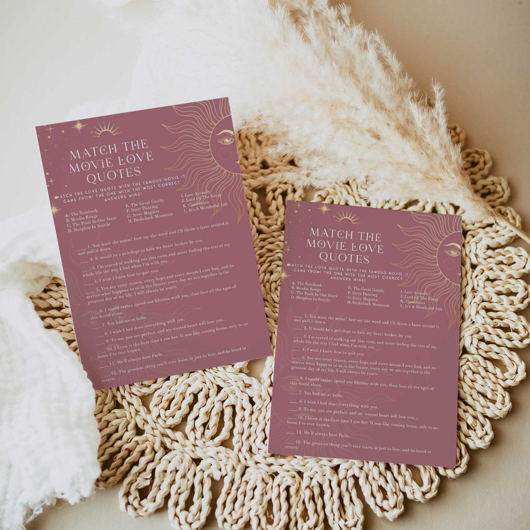 Fully editable and printable bridal shower match the movie love quotes game with a celestial design. Perfect for a celestial bridal shower themed party