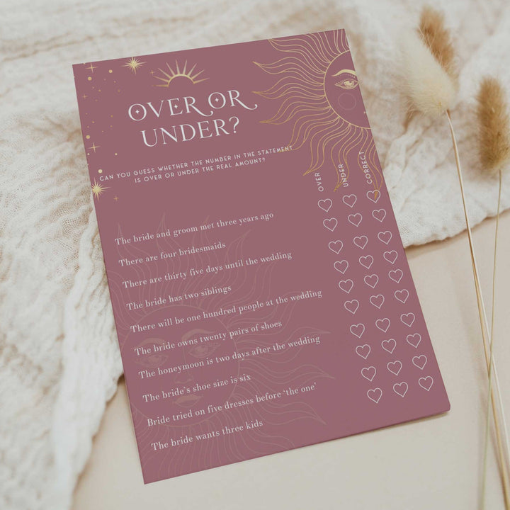 Fully editable and printable bridal shower over or under game with a celestial design. Perfect for a celestial bridal shower themed party