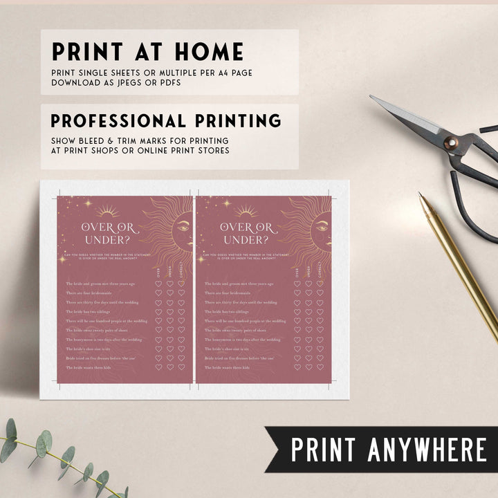 Fully editable and printable bridal shower over or under game with a celestial design. Perfect for a celestial bridal shower themed party