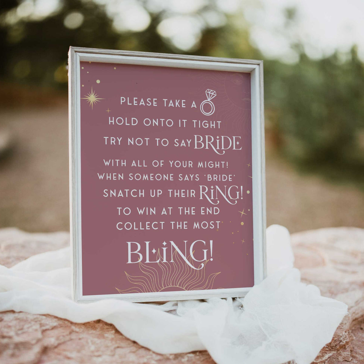 Fully editable and printable bridal shower please take a ring game with a celestial design. Perfect for a celestial bridal shower themed party