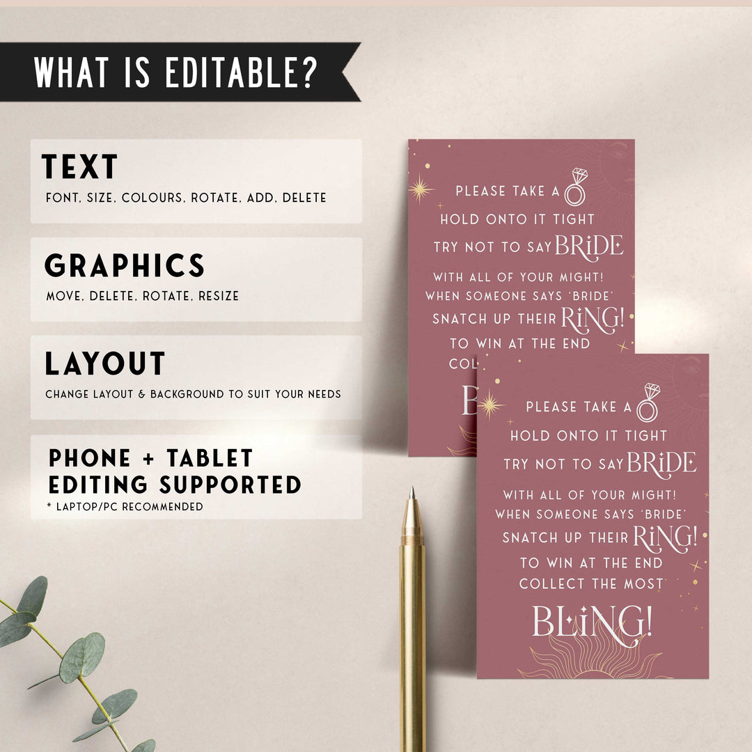 Fully editable and printable bridal shower please take a ring game with a celestial design. Perfect for a celestial bridal shower themed party