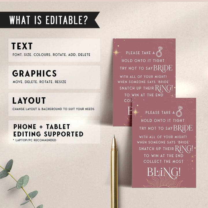 Fully editable and printable bridal shower please take a ring game with a celestial design. Perfect for a celestial bridal shower themed party