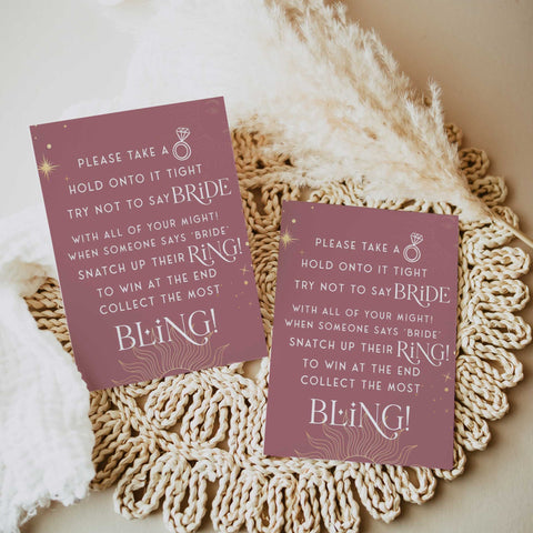 Fully editable and printable bridal shower please take a ring game with a celestial design. Perfect for a celestial bridal shower themed party