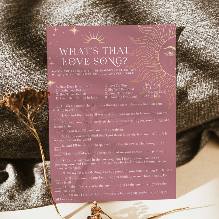 Fully editable and printable bridal shower what's that love song game with a celestial design. Perfect for a celestial bridal shower themed party