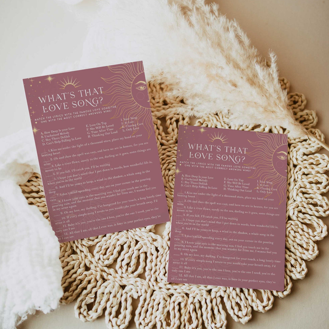 Fully editable and printable bridal shower what's that love song game with a celestial design. Perfect for a celestial bridal shower themed party