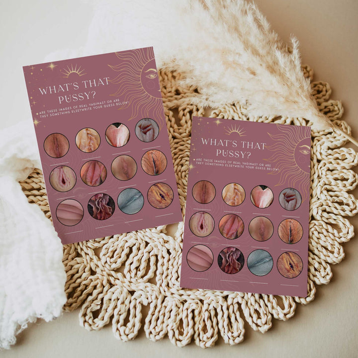 Fully editable and printable bridal shower what's that pussy game with a celestial design. Perfect for a celestial bridal shower themed party