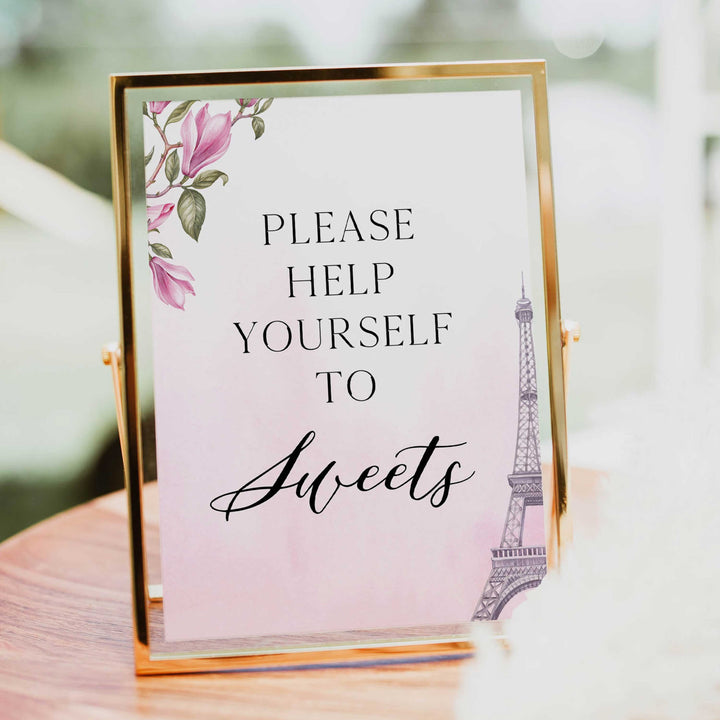 sweets baby shower table sign, Paris baby shower games, printable baby shower games, Parisian baby shower games, fun baby shower games