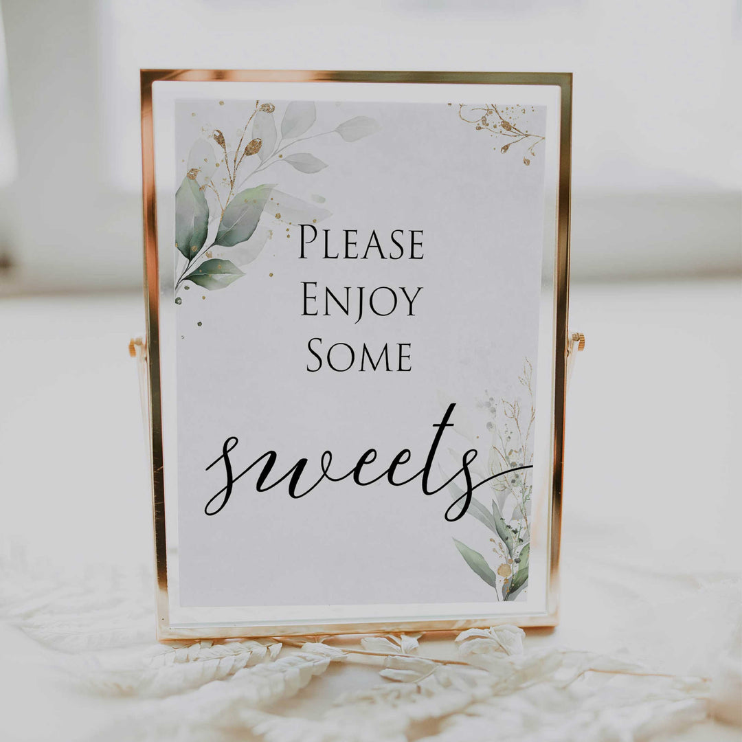 Gold green leaf baby signs, sweets baby sign, printable baby shower decor, fun baby signs, top baby games to play, gold leaf baby shower decor, greenery baby shower ideas