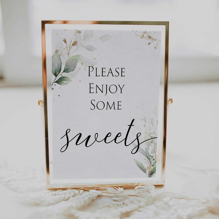 Gold green leaf baby signs, sweets baby sign, printable baby shower decor, fun baby signs, top baby games to play, gold leaf baby shower decor, greenery baby shower ideas