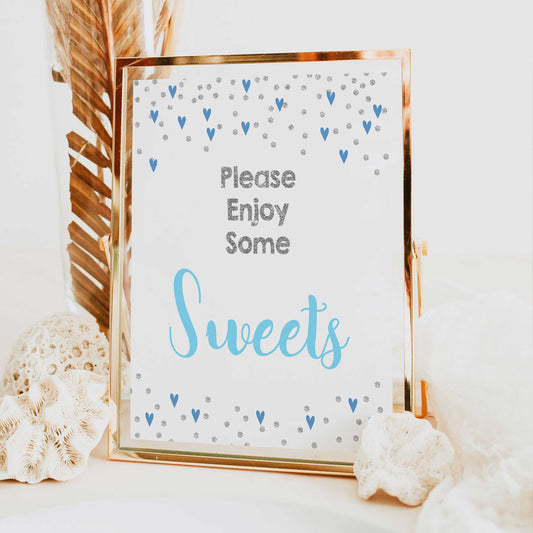 Sweets baby shower table signs, sweets baby signs, Blue hearts baby decor, printable baby table signs, printable baby decor, silver glitter table signs, fun baby signs, blue hearts fun baby table signs