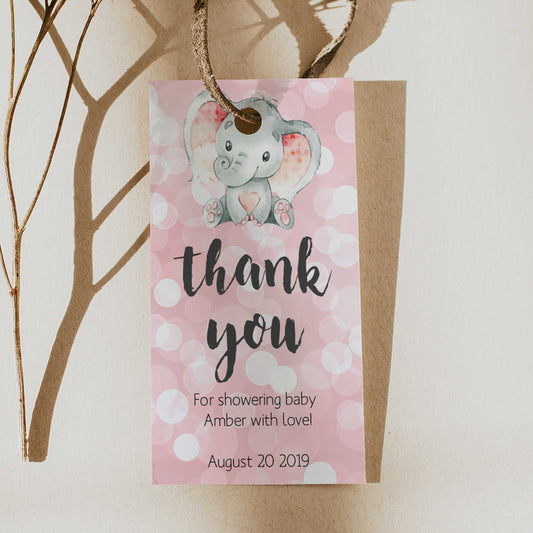 pink elephant baby shower thank you tags, printable thank you tags, editable thank you tags, baby thank you tags, elephant baby decor ideas