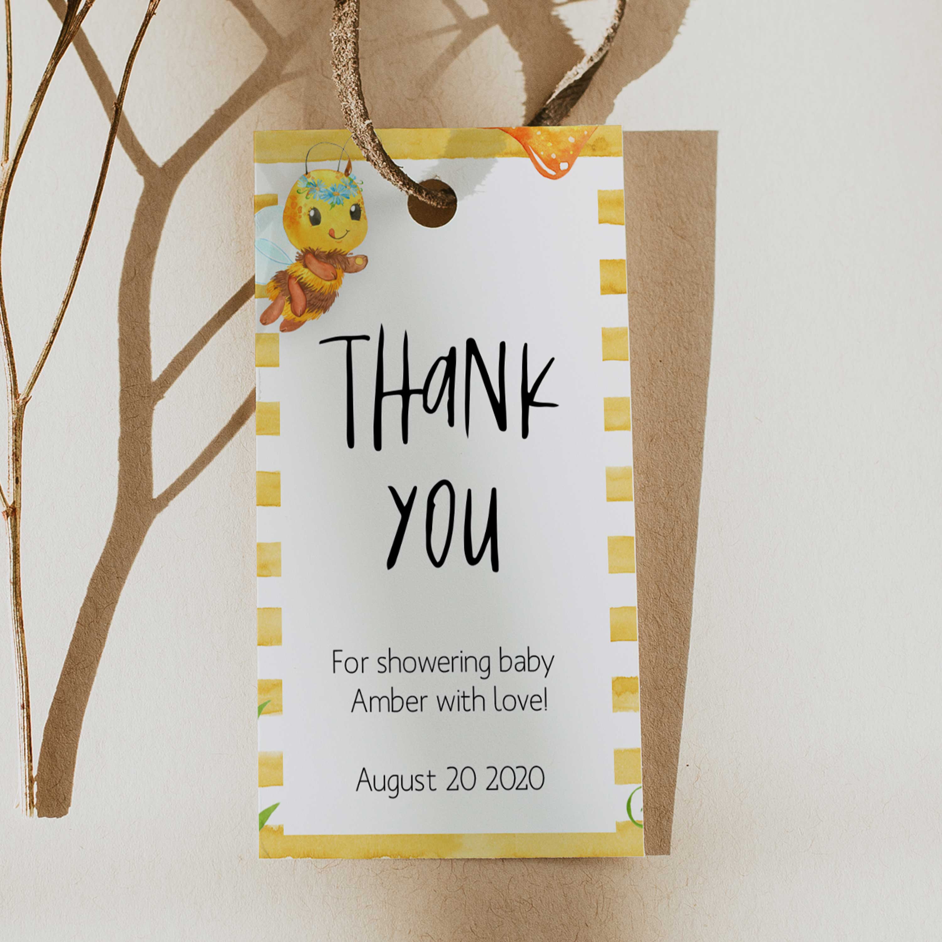 printable baby shower thank you tags, editable thank you tags, mommy to bee baby shower decor, mommy bee baby ideas, fun baby shower decor