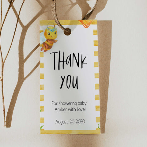 printable baby shower thank you tags, editable thank you tags, mommy to bee baby shower decor, mommy bee baby ideas, fun baby shower decor