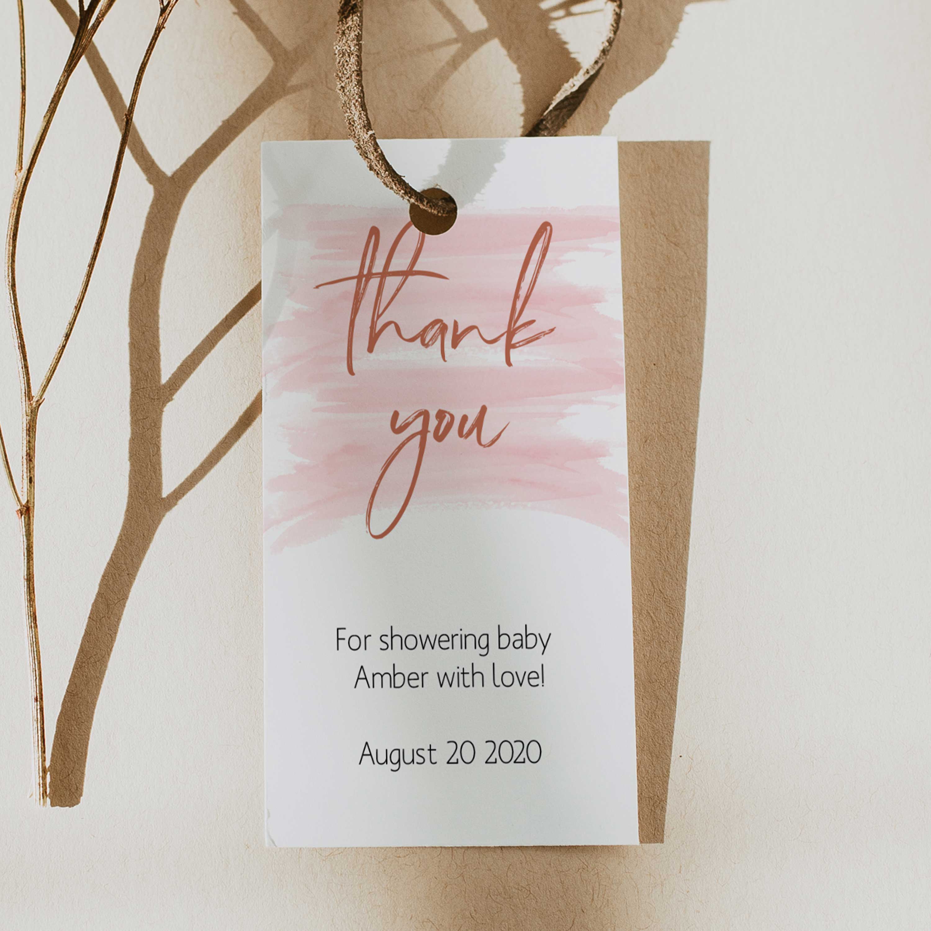 thank you tags, editable baby thank you tags, printable baby thank you tags, pink baby shower decor, pink baby tags, pink baby shower ideas
