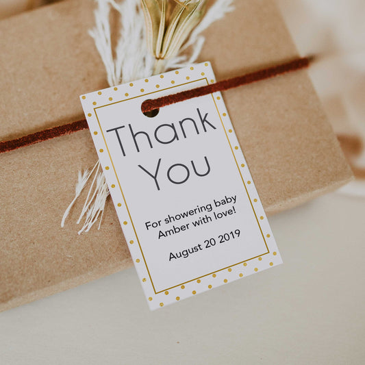 thank you tags, printable baby thank you tags, editable thank you tags, gold baby shower tags, gold baby shower ideas
